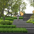 Serene Landscape Wall Design With Lush Trees Trimmed Shrubs And Stone Pathway