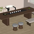Minimalist Modern Wooden Tea Table with Tea Set Green Plant and Chair Stools Bench