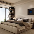 Modern Bedroom Interior Design With Upholstered Bed Bookshelf And Area Rug