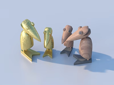 Modern Minimalist Bird Shaped Decorative Figurine Set With Gold And Wooden Finishes 3d model