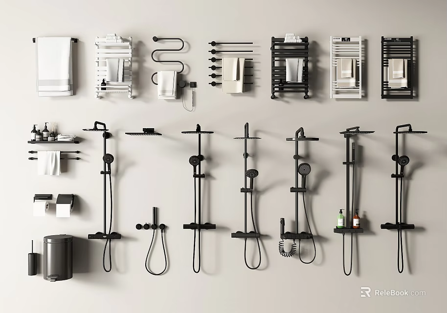 Various Modern Shower Heads with Bathroom Accessories and Stylish Fixtures 3d model 