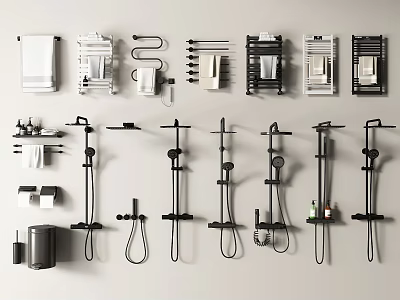 Various Modern Shower Heads with Bathroom Accessories and Stylish Fixtures 3d model