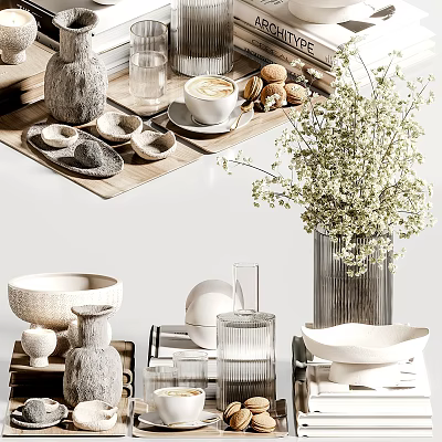 Modern Minimalist Decorative Ornament Set With Vase Bowl Cup Tray And Flower Bouquet 3d model