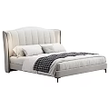 Modern Upholstered Double Bed With Linen Sheets Pillows And Patterned Blanket
