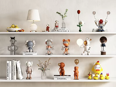 Decorative Ornament Set With Figurines Dolls Lamp Books Fruit Bowl And Plants On Shelves 3d model