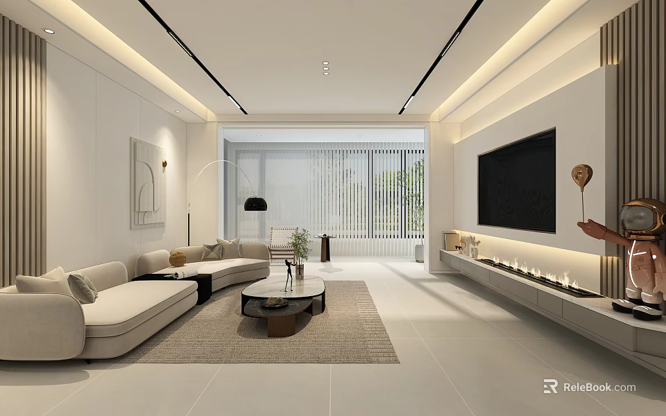 Modern Living Dining Room Interior With Beige Sofa Coffee Table TV Wall And Large Windows 3d model 