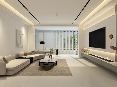 Modern Living Dining Room Interior With Beige Sofa Coffee Table TV Wall And Large Windows 3d model