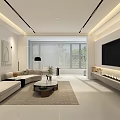 Modern Living Dining Room Interior With Beige Sofa Coffee Table TV Wall And Large Windows