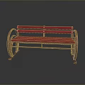 Red Public Bench With Modern Metal Frame And Smooth Wooden Slat Seat