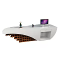Modern Reception Desk Design With White Countertop Wooden Shelf Base Decorative Vase And Computer Monitor