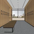 Wooden Wardrobes in Corridor With Small Locks Central Bench and Bright Lighting