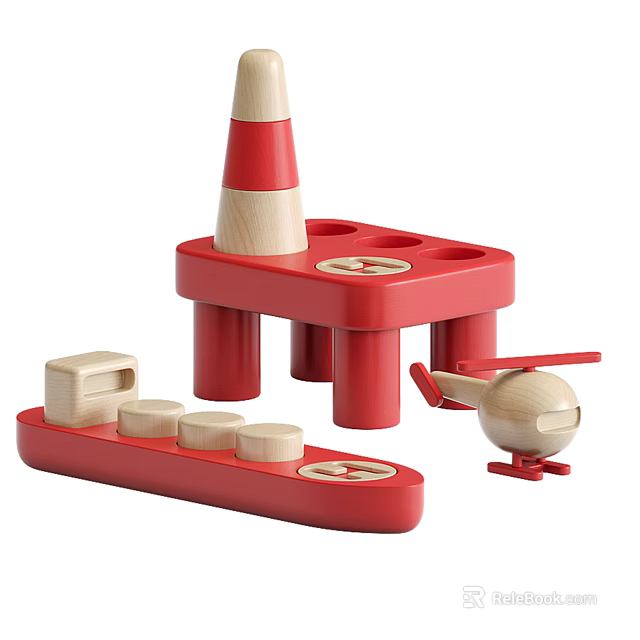 Red Wooden Building Blocks with Tower Platform Base Round Pieces and Small Airplane 3d model 