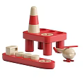 Red Wooden Building Blocks with Tower Platform Base Round Pieces and Small Airplane