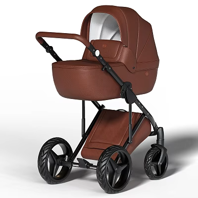 Elegant Brown Leather Child Bed with Black Frame and Movable Wheels Design 3d model