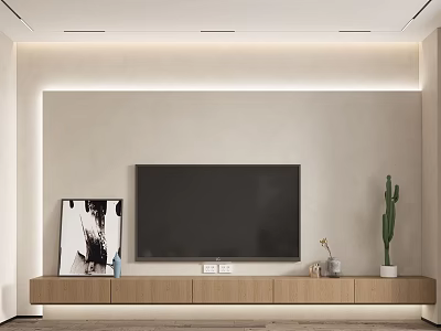 Minimalist Modern TV Wall Design With Wooden Media Console Decorative Painting And Soft Lighting 3d model