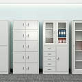 White Storage Cabinets Featuring Multiple Units Various Designs Glass Doors Drawers And Blue Red Folders