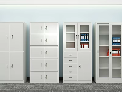 White Storage Cabinets Featuring Multiple Units Various Designs Glass Doors Drawers And Blue Red Folders 3d model