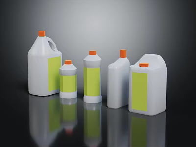 White Plastic Household Cleaning Bottles With Orange Caps And Yellow Labels In Various Sizes 3d model