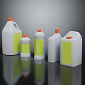 White Plastic Household Cleaning Bottles With Orange Caps And Yellow Labels In Various Sizes