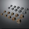Various Sizes And Colors Fitness Dumbbells With Gray And Rusty Brown On Dark Background