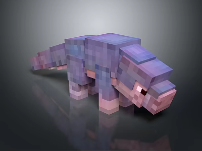 Purple Pink Pixel Art Creature With Blocky Structure On Reflective Surface 3d model