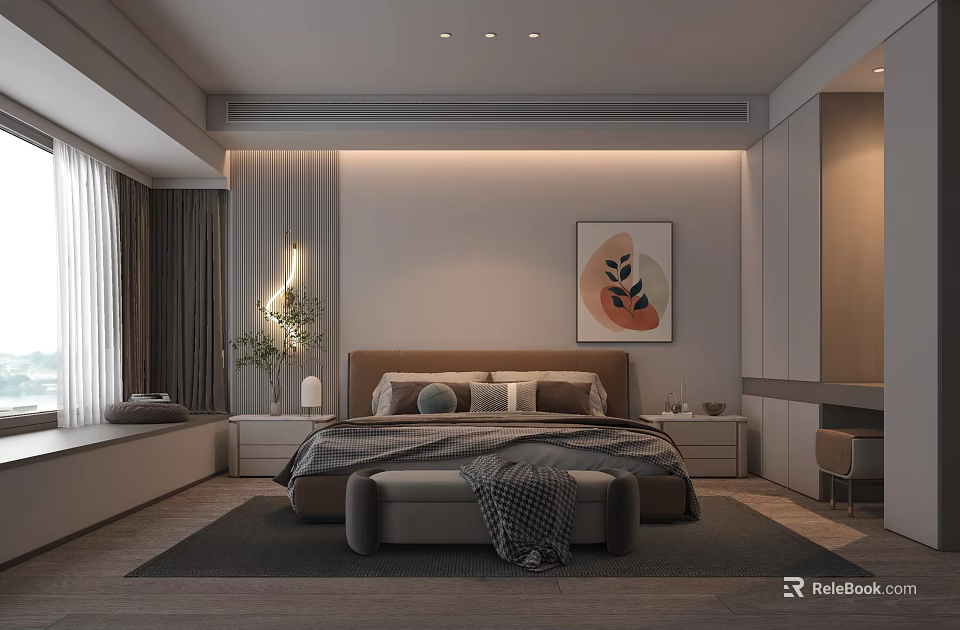 Modern Bedroom Interior Design With Cozy Bed Decorative Painting And Wall Lamp 3d model 