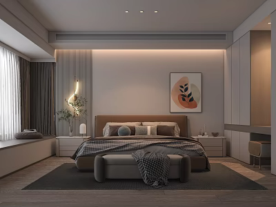 Modern Bedroom Interior Design With Cozy Bed Decorative Painting And Wall Lamp 3d model