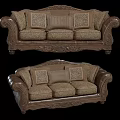Classic Three Seater Sofa With Carved Wood Frame Leather Arms And Patterned Accent Pillows 3d model