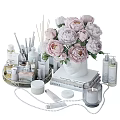 Stylish Modern Bathroom Accessories With Scented Sticks Skincare Bottles And Pink Peonies