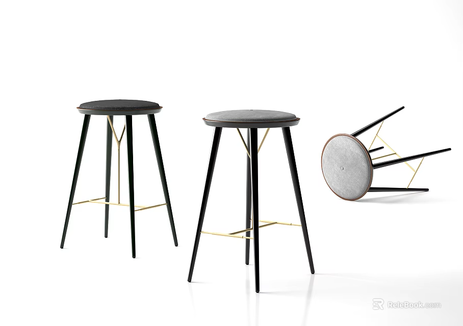 Modern Bar Stools With Black Round Seat And Gold Accent Slim Legs Design 3d model 