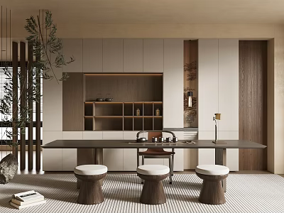Minimalist Tea Room Interior Design With Long Table Round Stools Wooden Cabinets And Green Plants 3d model