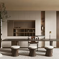 Minimalist Tea Room Interior Design With Long Table Round Stools Wooden Cabinets And Green Plants