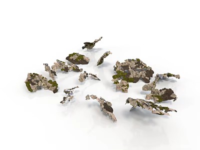 Natural Wooden Stone Pieces With Green Moss Scattered On White Background 3d model