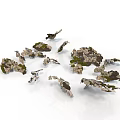Natural Wooden Stone Pieces With Green Moss Scattered On White Background