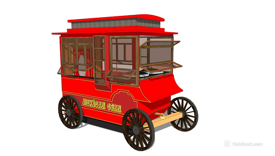 Red Vintage Food Cart With Open Windows And Large Wheels 3d model 