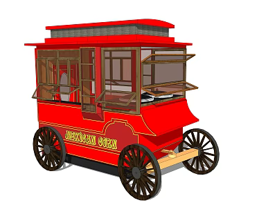 Red Vintage Food Cart With Open Windows And Large Wheels 3d model