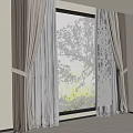 Brown And White Double Layer Curtains Framing Window With Natural Tree View 3d model