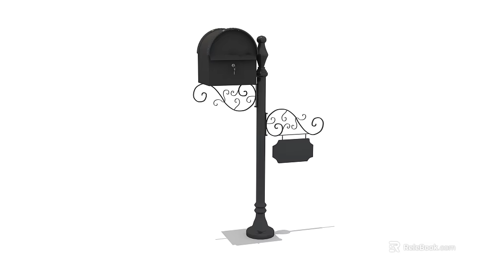 Black Decorative Public Mailbox With Wrought Iron Post And Ornamental Details 3d model 