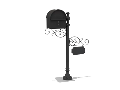 Black Decorative Public Mailbox With Wrought Iron Post And Ornamental Details 3d model