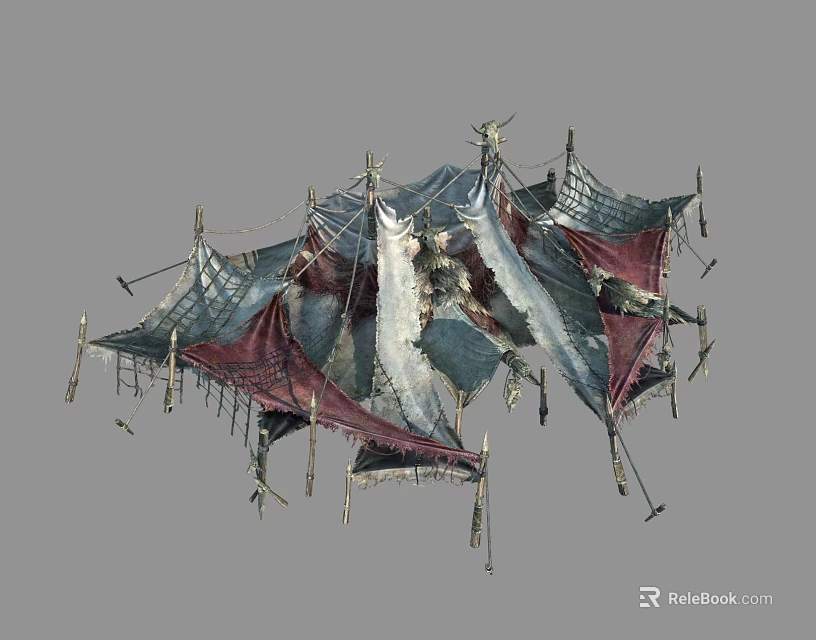Tattered Red And Gray Fabric Tent With Metal Poles And Fringe Details 3d model 