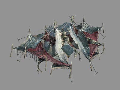 Tattered Red And Gray Fabric Tent With Metal Poles And Fringe Details 3d model
