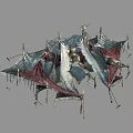 Tattered Red And Gray Fabric Tent With Metal Poles And Fringe Details