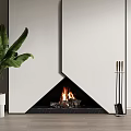 Modern Fireplace Featuring Burning Fire Large Green Plant And Fire Tools Against White Wall