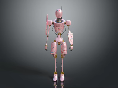Pink Mechanical Robot With Gold Accents In Standing 3D Model Design 3d model