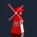 Red Windmill Photo Check in Spot With White Blades Windows Door And Blue Sky