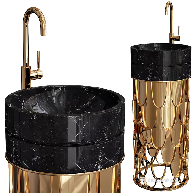 Elegant Black Marble Washbasin With Golden Decorative Pedestal And Modern Design 3d model 
