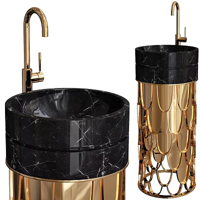 Elegant Black Marble Washbasin With Golden Decorative Pedestal And Modern Design 3d model