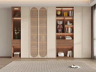 Modern Wooden Bookcase With Rattan Doors Open Shelves Books And Decorative Items 3d model