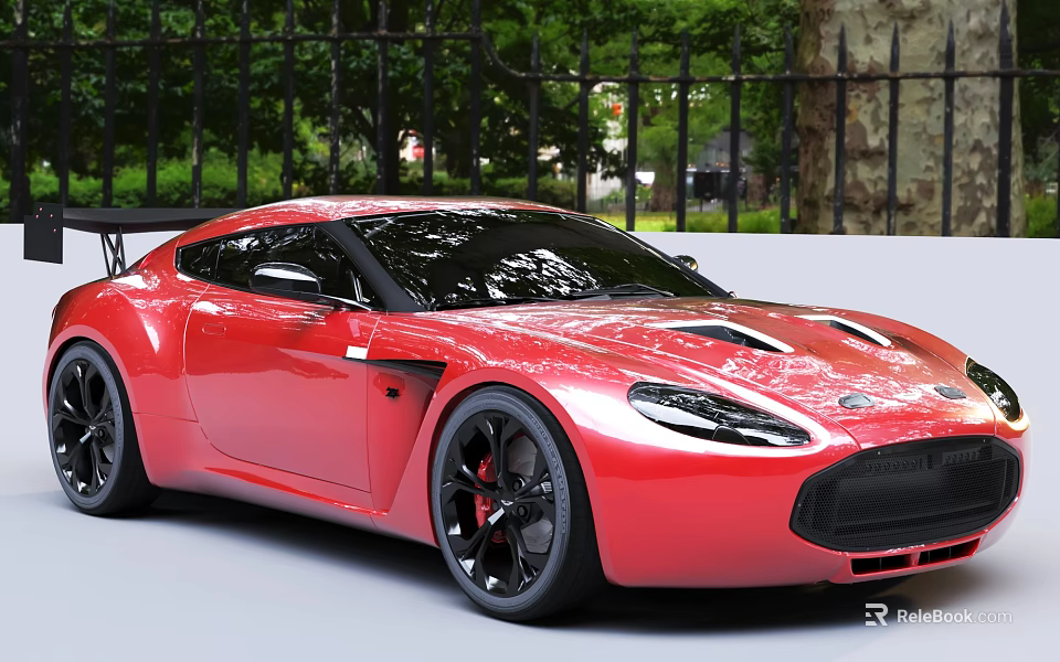 Red Sports Car With Sleek Design Near Iron Fence And Trees 3d model 