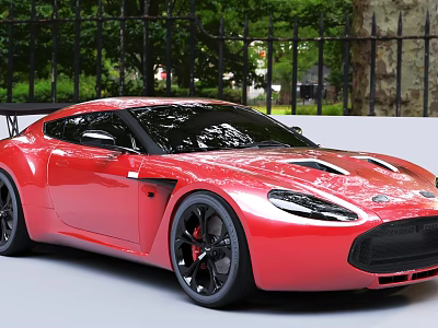 Red Sports Car With Sleek Design Near Iron Fence And Trees 3d model